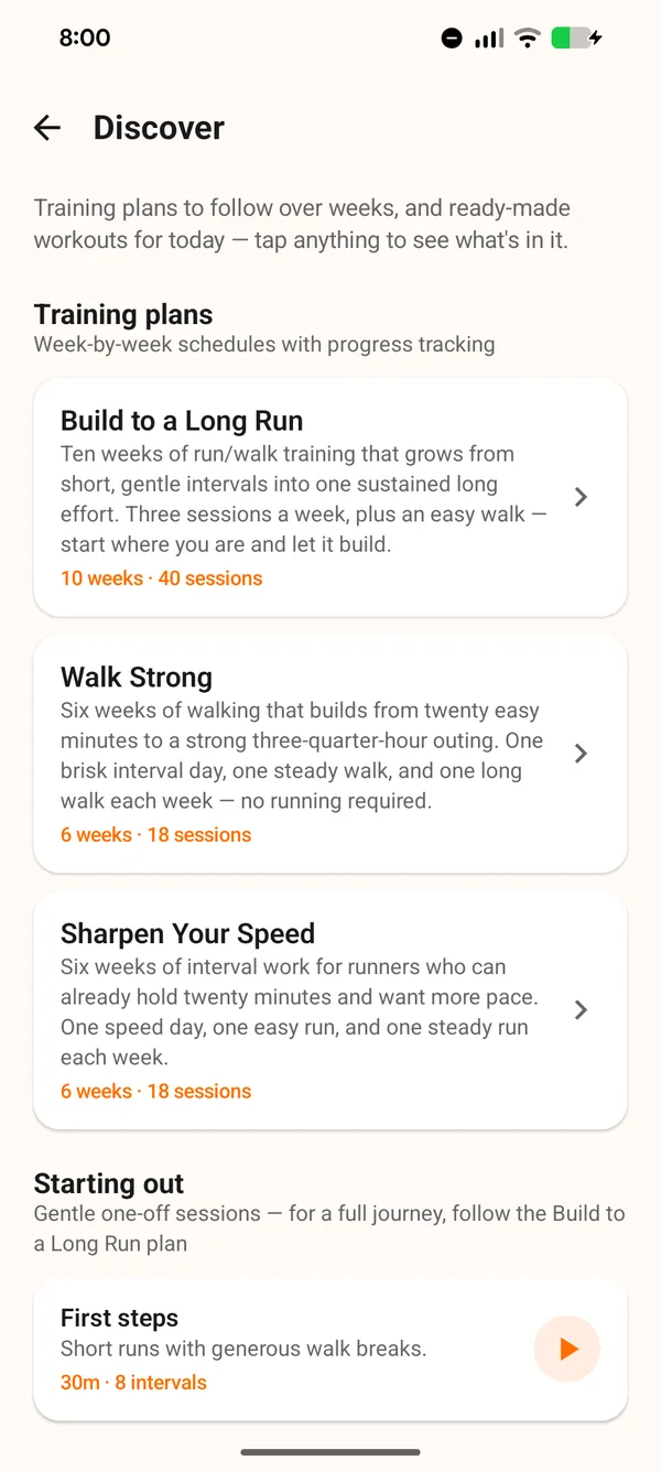 The Discover screen, listing training plans such as Build to a Long Run and Walk Strong alongside ready-made workouts.