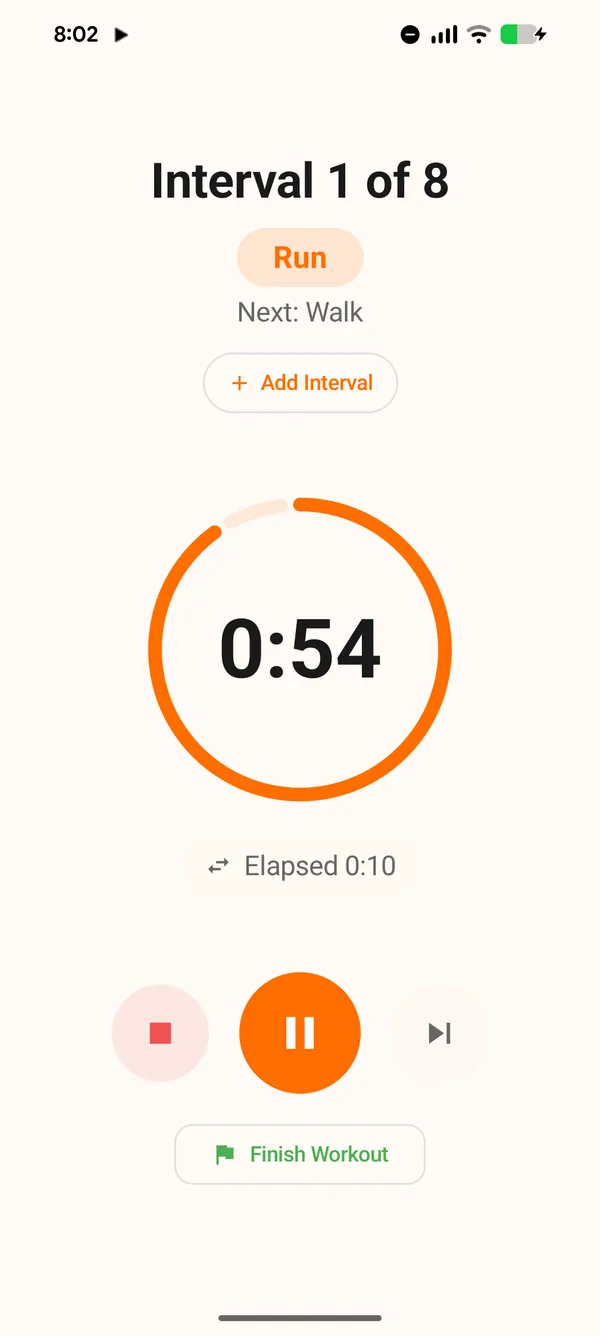 A run in progress showing Interval 1 of 8, the current Run phase, and a countdown ring at 54 seconds.