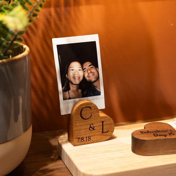 Heart Photo Stand — engraved wooden heart holding a photo